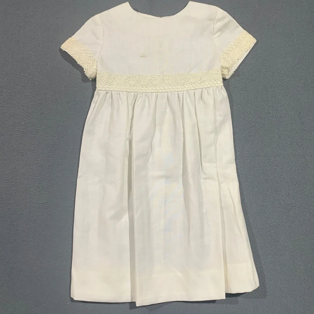Vintage Girls Ivory Linen Lace Trim Empire Waist Dress‎ Short Sleeve 26.5in L